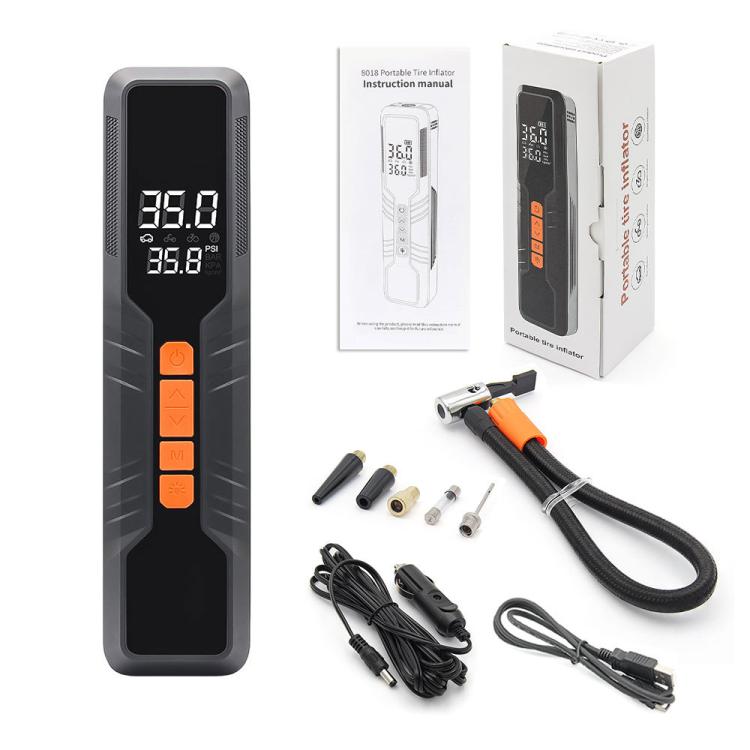 Cordless tire inflator kit including air pump, hoses, nozzles, and power cables
