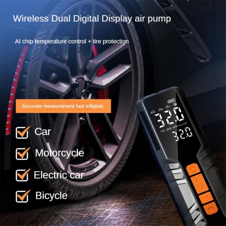 Portable tire inflator with dual digital display and orange buttons
