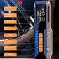 Portable cordless tire inflator near a wheel with digital display and orange button panel