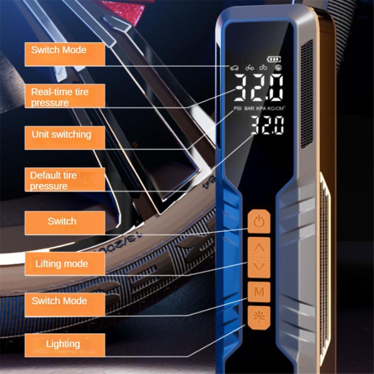 Portable cordless tire inflator near a wheel with digital display and orange button panel