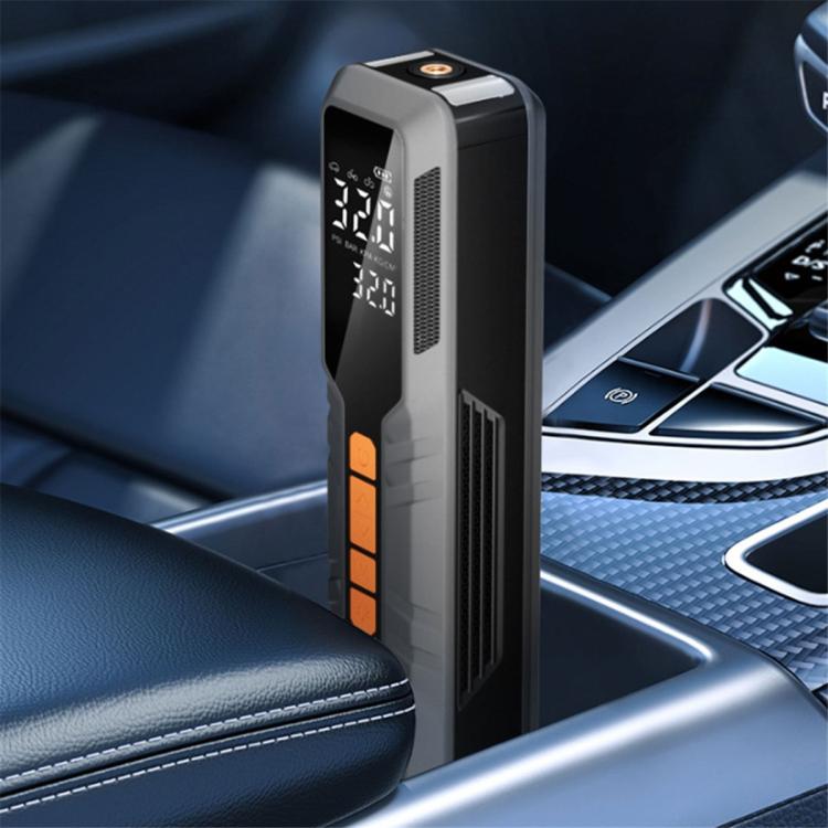 Cordless portable tire inflator with digital screen and orange control button strip