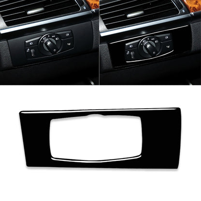 Black decorative headlight switch panel sticker with cutout, installed on left dashboard