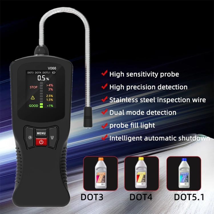 Car brake fluid moisture tester pen with display showing moisture levels and attached probe