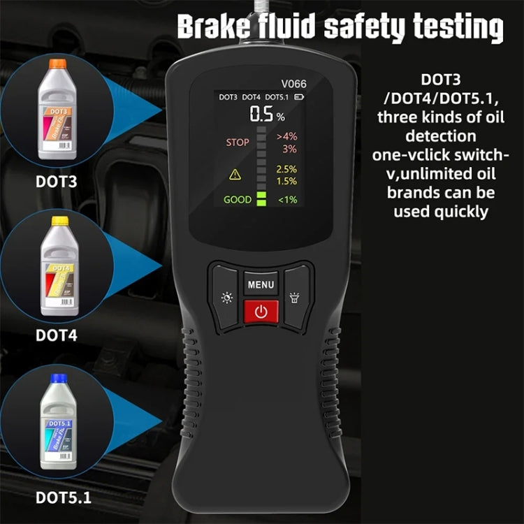 Brake fluid safety tester pen with screen, power/menu buttons, and DOT3/DOT4/DOT5.1 modes
