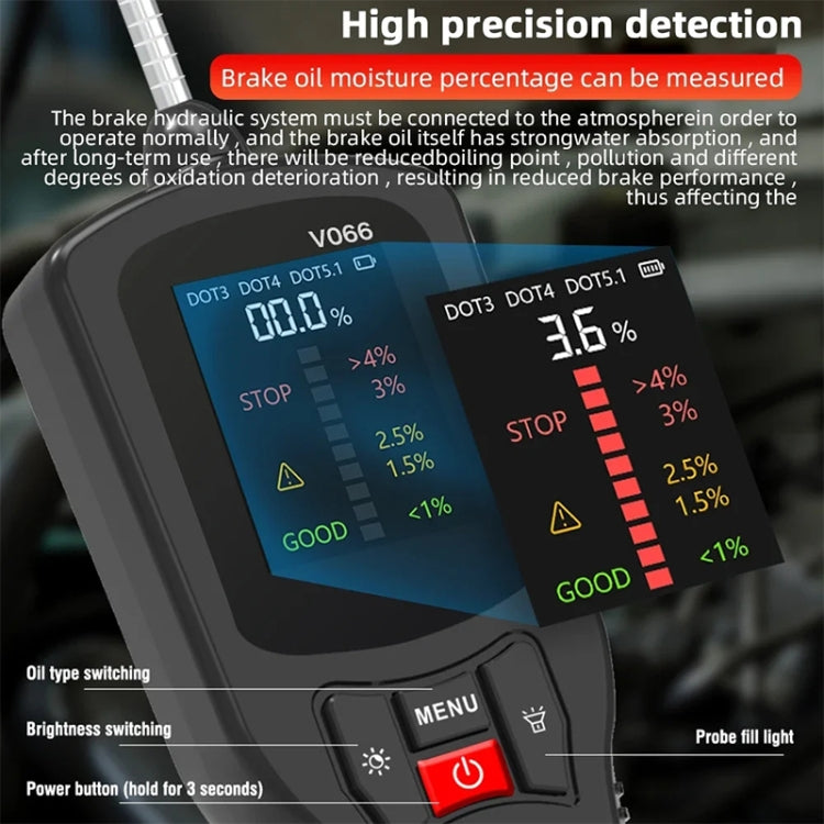 Brake fluid moisture tester display showing percentage bars and menu/power controls