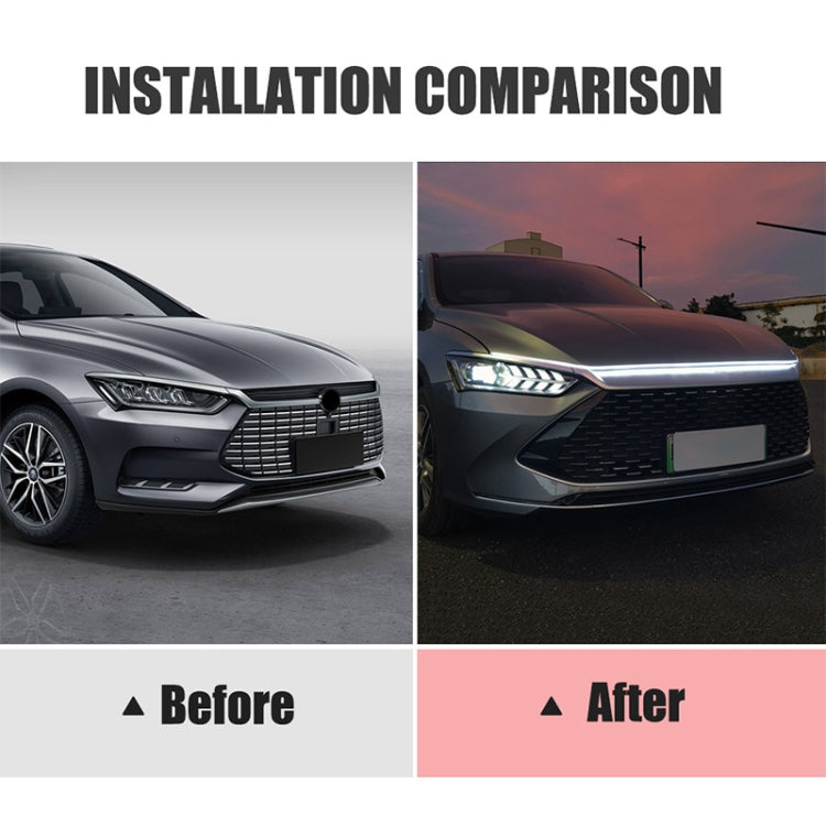 Car front fascia with before-and-after bright blue LED strip daytime running light