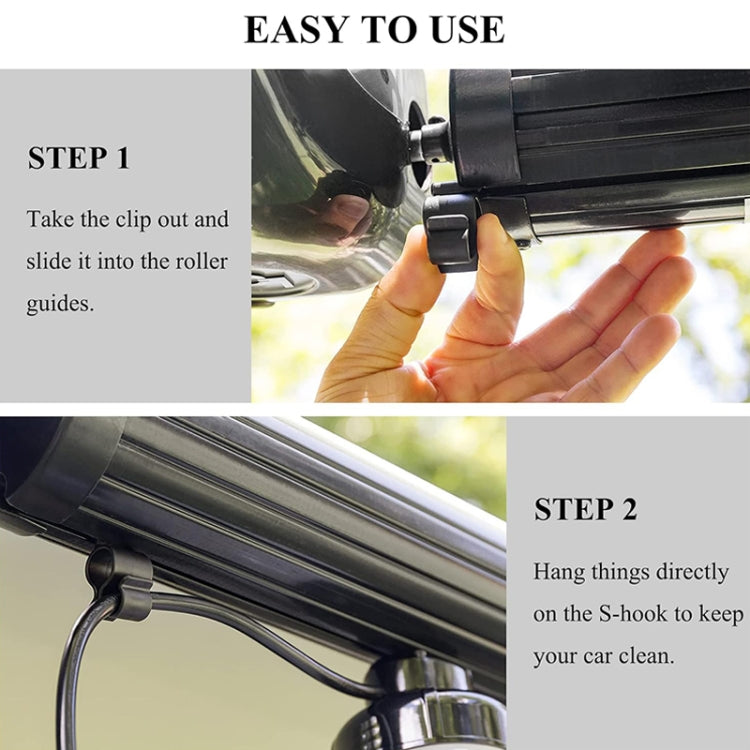 Black S-hook awning clip installed on RV canopy rail