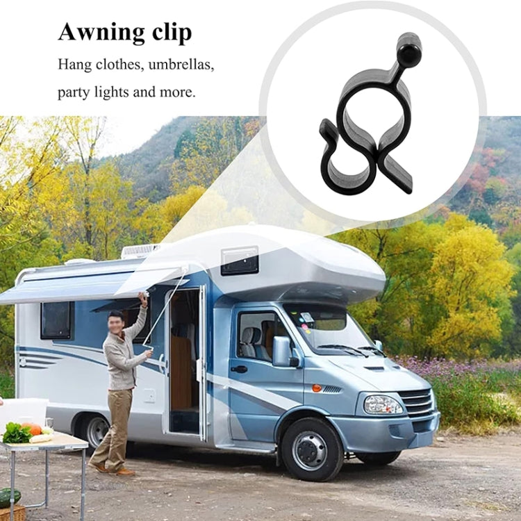 Black awning clip with two-prong grip for RV canopy rod