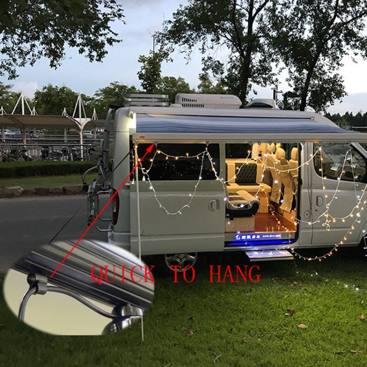Black awning hook clip on RV canopy rail with hanging cords