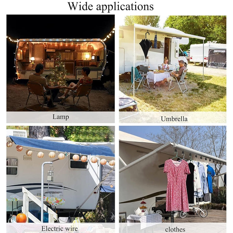 Multiple black awning clips on RV canopy rail for hanging items