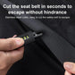 Seat belt cutter tool with black blade housing held in hand near seat fabric