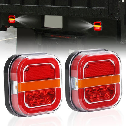 Square trailer taillights pair with red top lens, red LED section, amber middle stripe, chrome trim