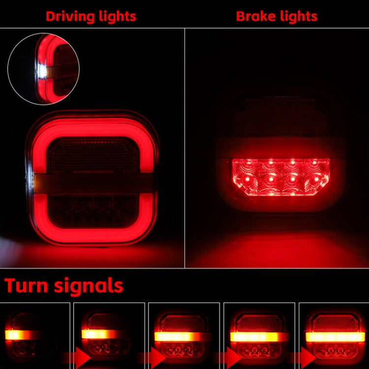 Square trailer taillight showing different light modes: driving, brake red glow, and turn-signal amber