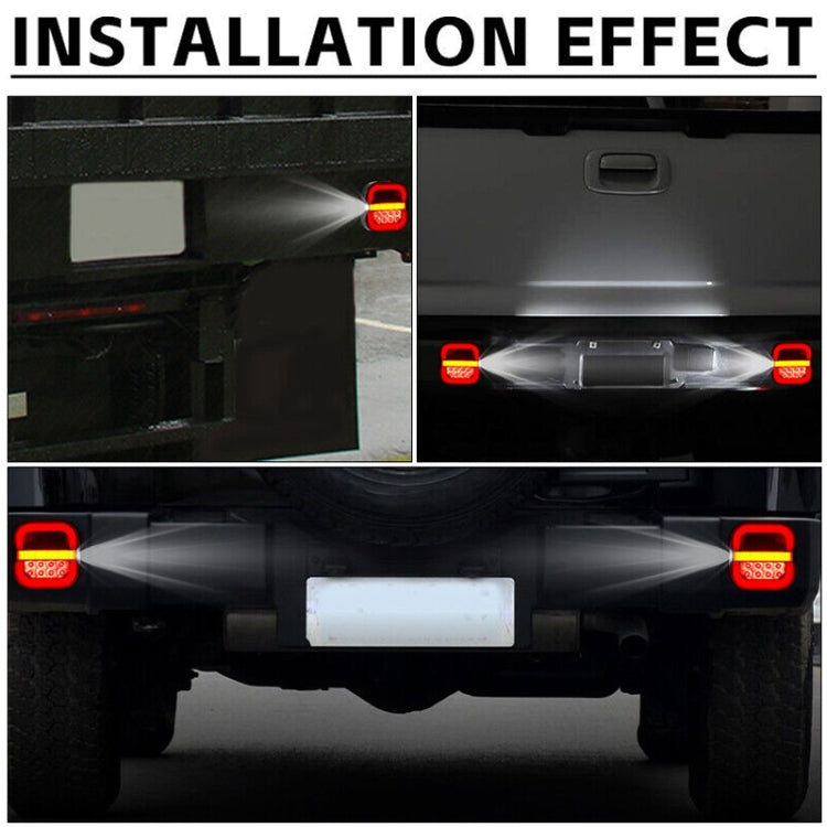 Square trailer taillights installed on a trailer, showing red top and red/amber light output