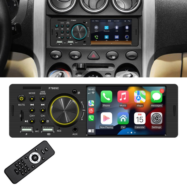 Car MP5 player stereo with 4-inch touchscreen and control knobs, shown in dashboard