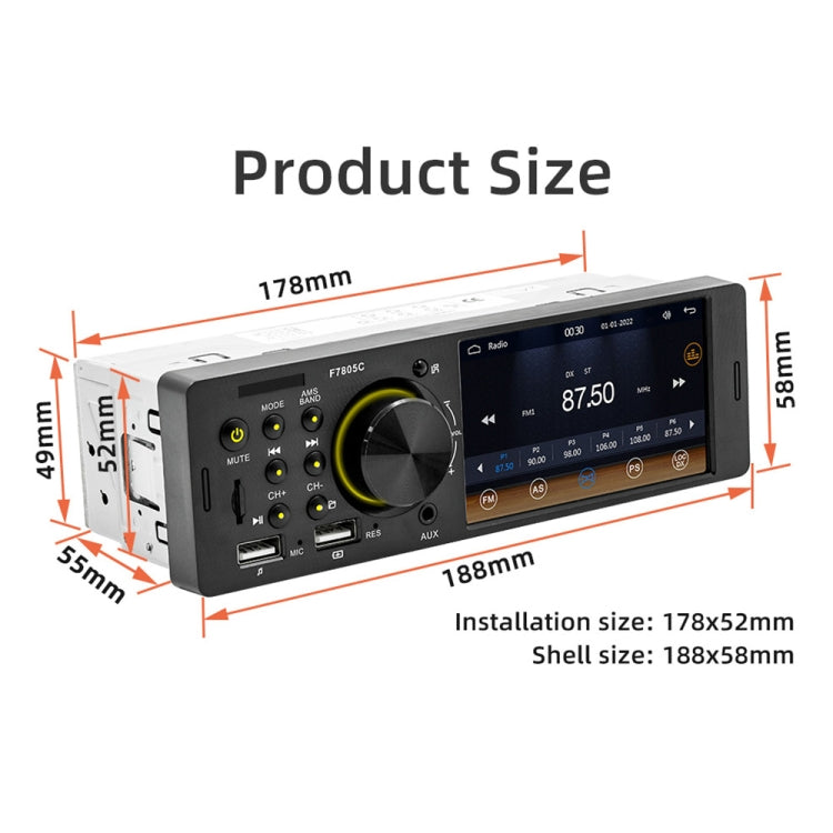 Single-DIN car MP5 player stereo with screen and rotary knob, product size diagram