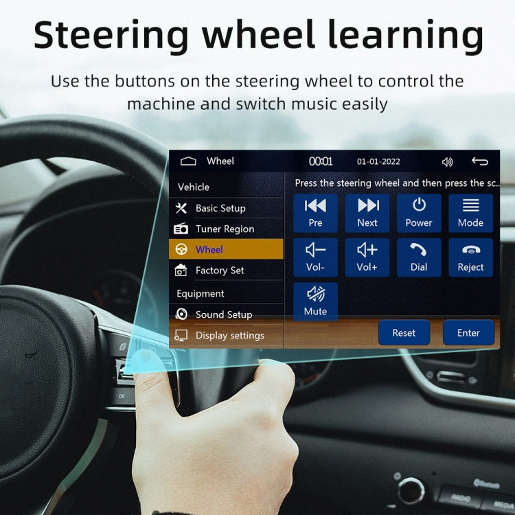 Car MP5 receiver steering wheel control learning screen with touch menu display