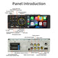 Car MP5 player stereo panel with labeled buttons, input/output ports diagram