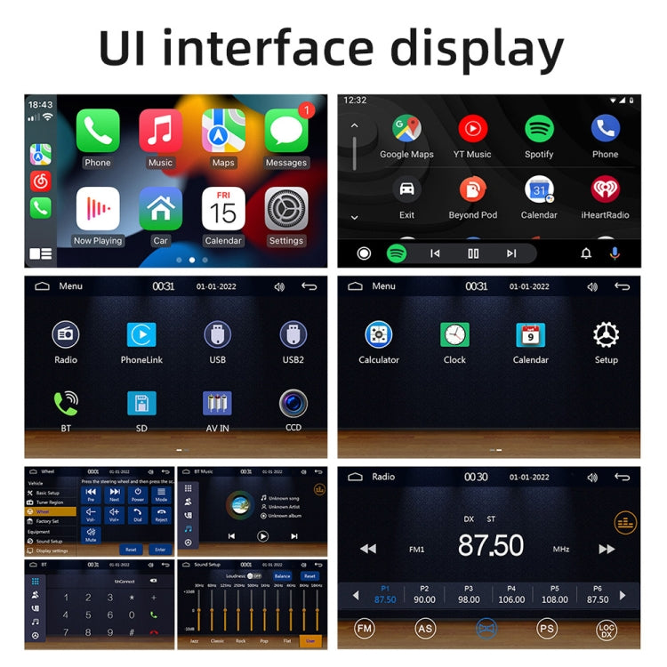 4-inch touchscreen car MP5 player UI screens showing radio, phone, and settings