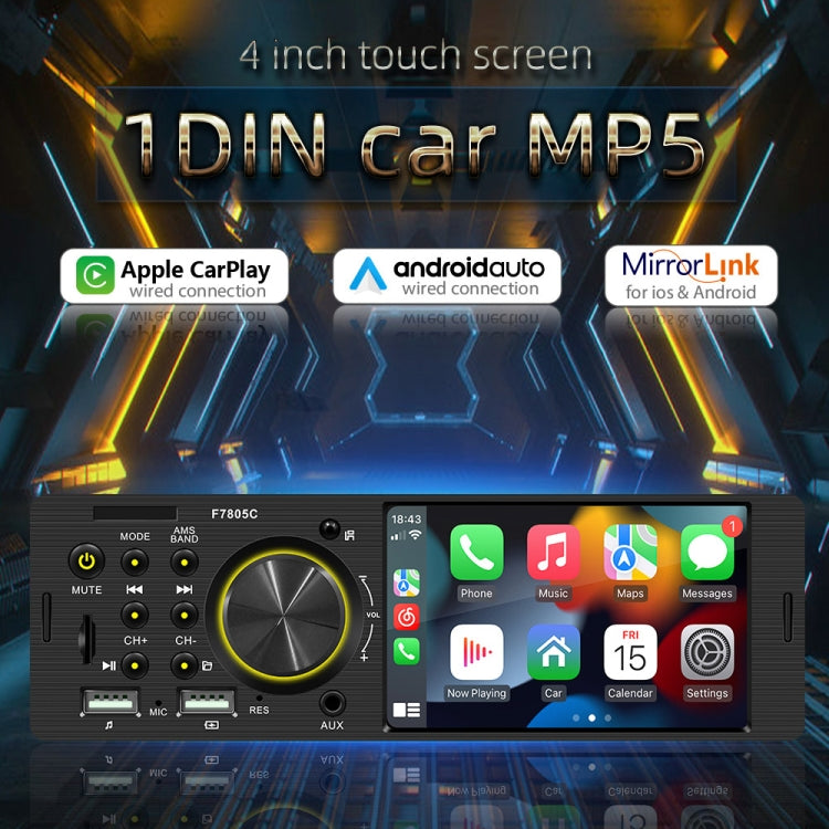 Car MP5 player stereo with 4-inch touch screen featuring CarPlay, Android Auto, MirrorLink