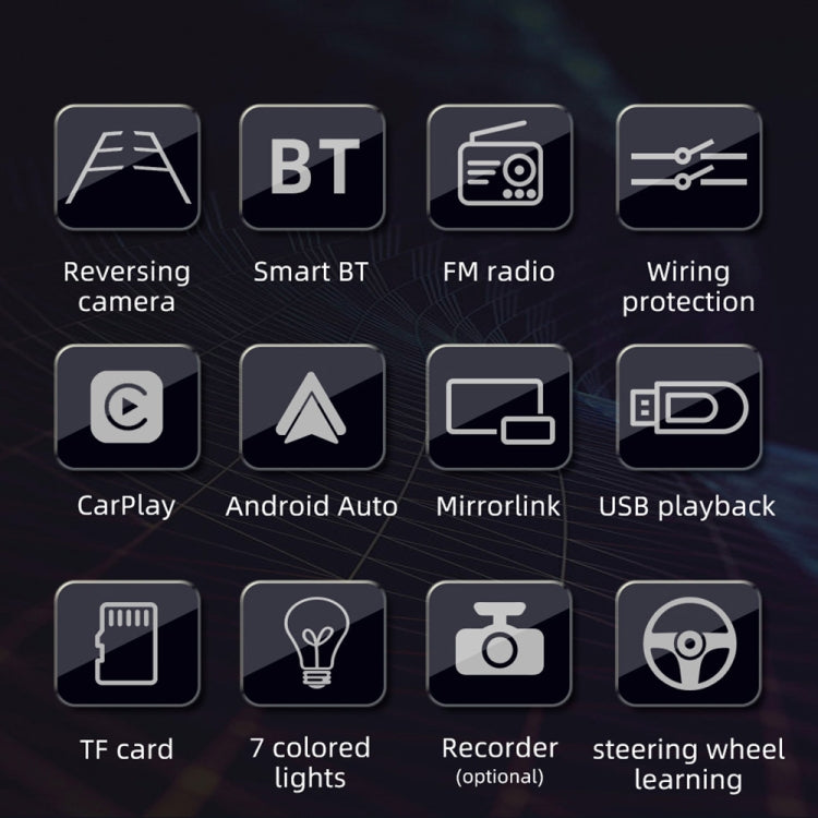 Car MP5 player stereo feature icons including reversing camera, BT, FM radio, and USB