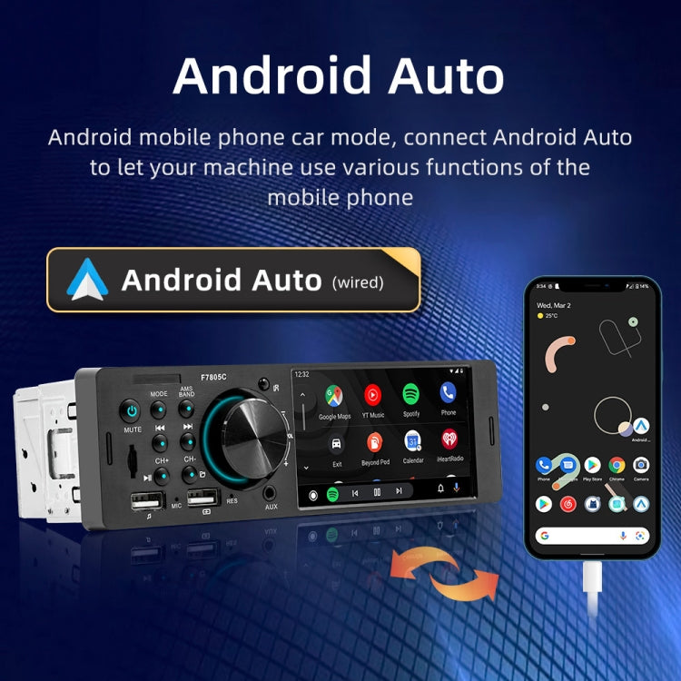 Car MP5 player stereo displaying Android Auto wired setup with connected phone preview