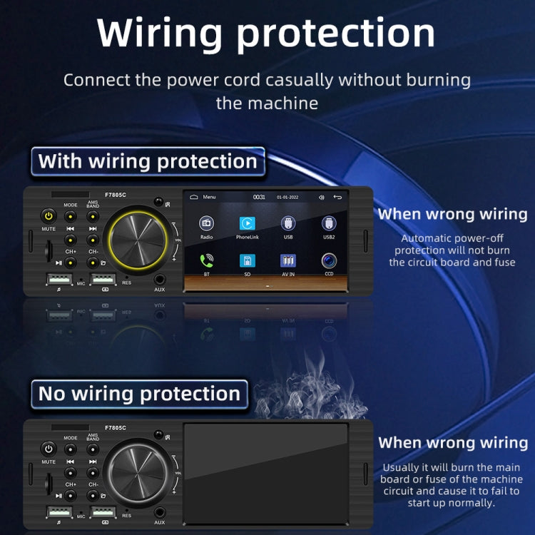 Car MP5 player stereo with wiring protection comparison: with protection and without protection