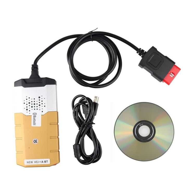 OBD2 diagnostic tool kit with gold case, black cables, CD, and red connector