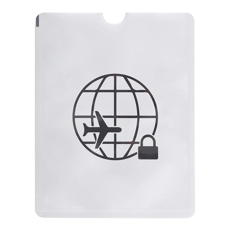 White RFID passport sleeve with airplane globe and padlock icon, 100 pcs pack.