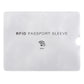 White RFID passport sleeve with RFID signal icon and RFID passport sleeve text.