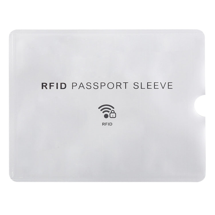 White RFID passport sleeve with RFID signal icon and RFID passport sleeve text.