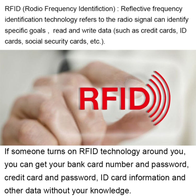 Hand with RFID protection graphic and red RFID signal, anti-theft sleeve info.