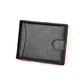 Black leather card wallet with stitched edge and embossed card-slot detail