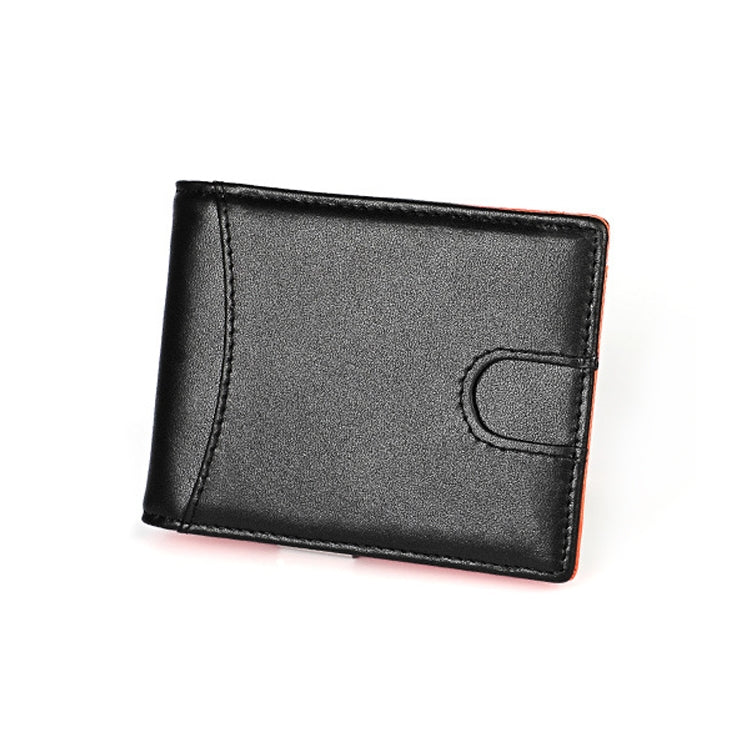 Black leather card wallet with stitched edge and embossed card-slot detail