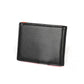Black leather card wallet, slim profile with stitched border and card-slot cutout