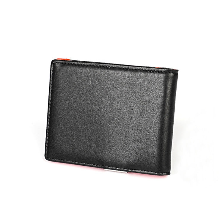 Black leather card wallet, slim profile with stitched border and card-slot cutout