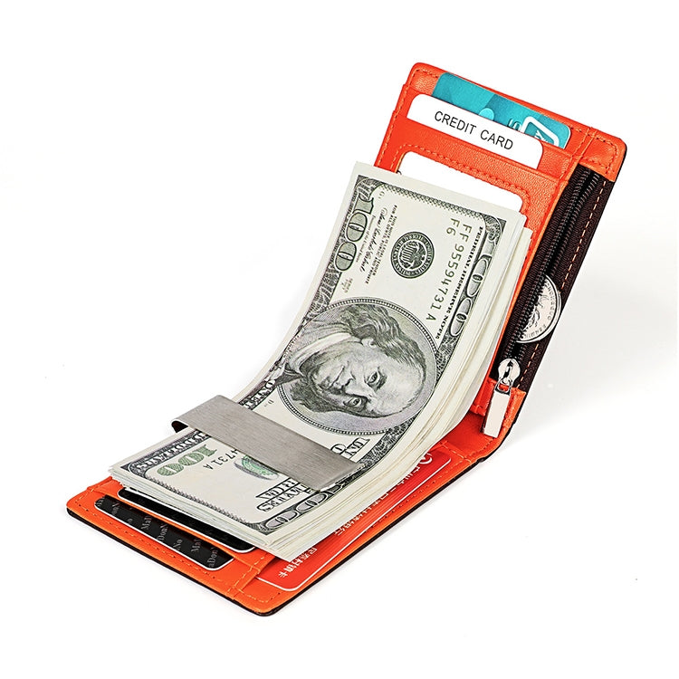 Orange leather wallet interior with cash and credit card slots, zipper closure