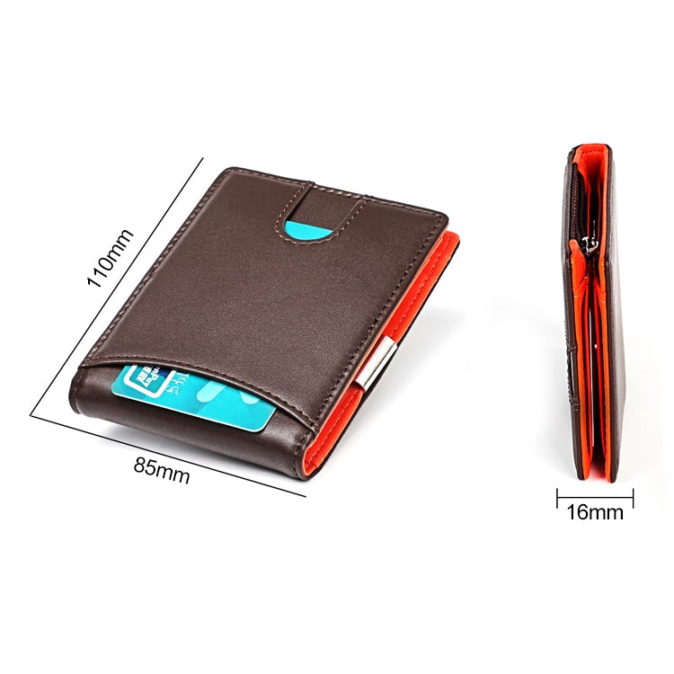 Brown leather slim wallet with teal card, orange edge lining, and stitched front panel