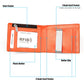 Orange leather wallet open view with coin pocket, card slots, and dollar clip