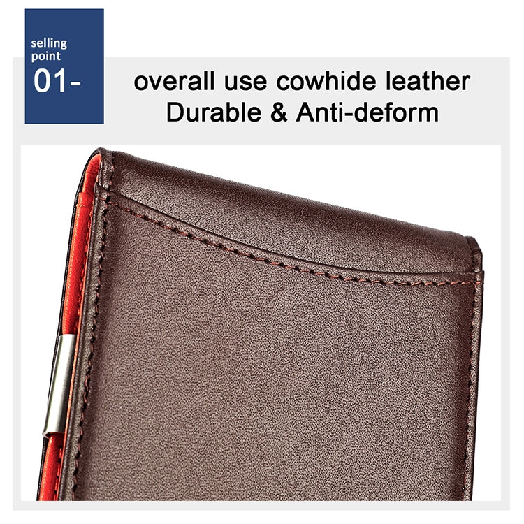 Brown cowhide leather wallet exterior with stitched edge and smooth front finish