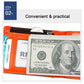 Orange leather wallet interior with cash and credit card slots under zipper track