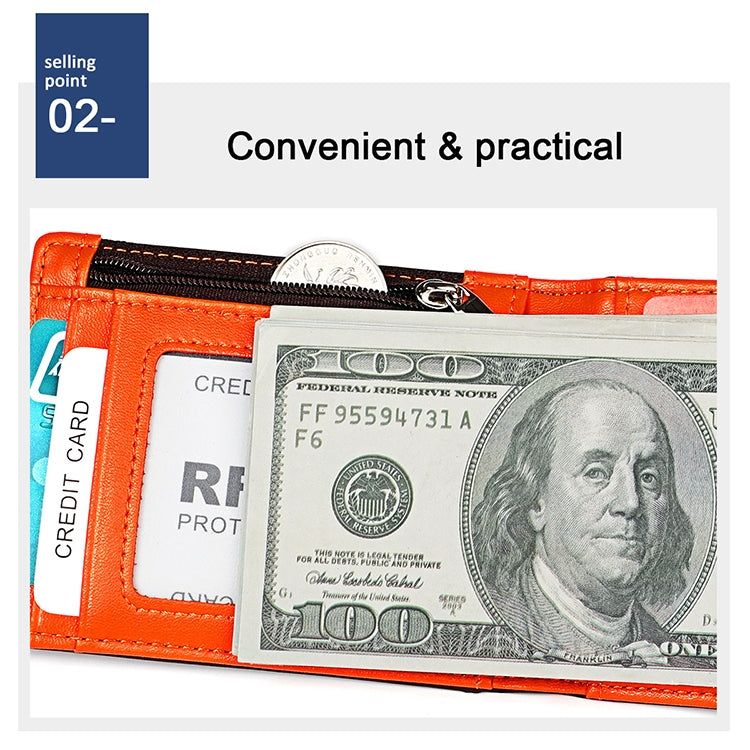 Orange leather wallet interior with cash and credit card slots under zipper track