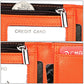 Orange leather wallet close-up with zipper pulls and multiple card pockets