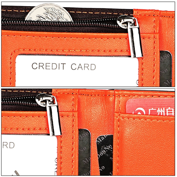 Orange leather wallet close-up with zipper pulls and multiple card pockets