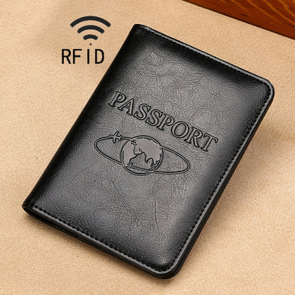 Black RFID leather passport holder with embossed PASSPORT and globe emblem.
