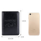 Black RFID leather passport holder with embossed PASSPORT; size 10.5 x 14 cm.