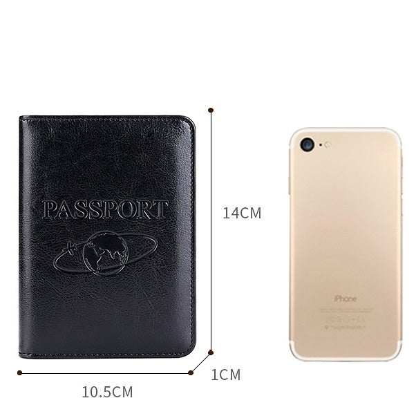Black RFID leather passport holder with embossed PASSPORT; size 10.5 x 14 cm.