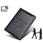 Black RFID leather passport holder with embossed PASSPORT; RFID protection scanner icon.