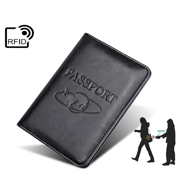 Black RFID leather passport holder with embossed PASSPORT; RFID protection scanner icon.