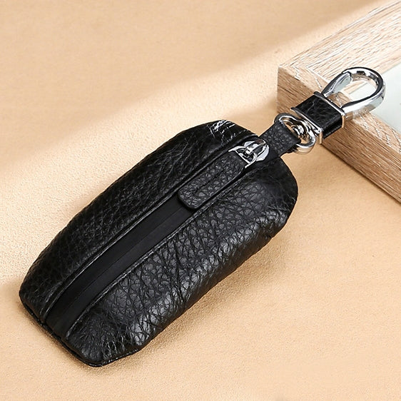 Black litchi-texture zippered car key pouch with metal keyring and clasp attachment
